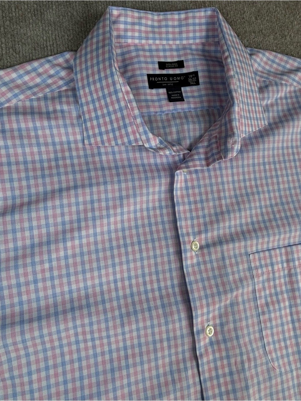 Pronto Uomo Non-Iron Classic Fit Pink/Blue Check Cotton Dress Shirt 18.5 36/37